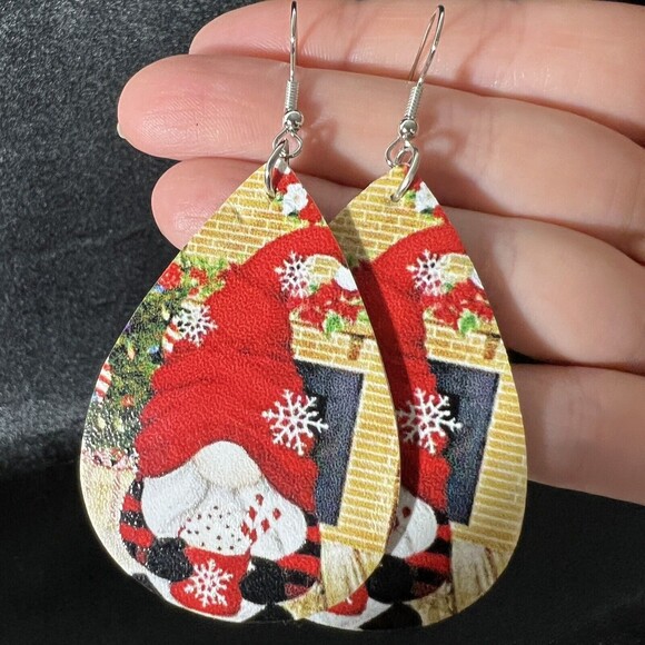 HOLIDAY Santa with Cocoa Teardrop Dangle Drop Earrings 2 sided Jewelry NEW 3” - Picture 5 of 9